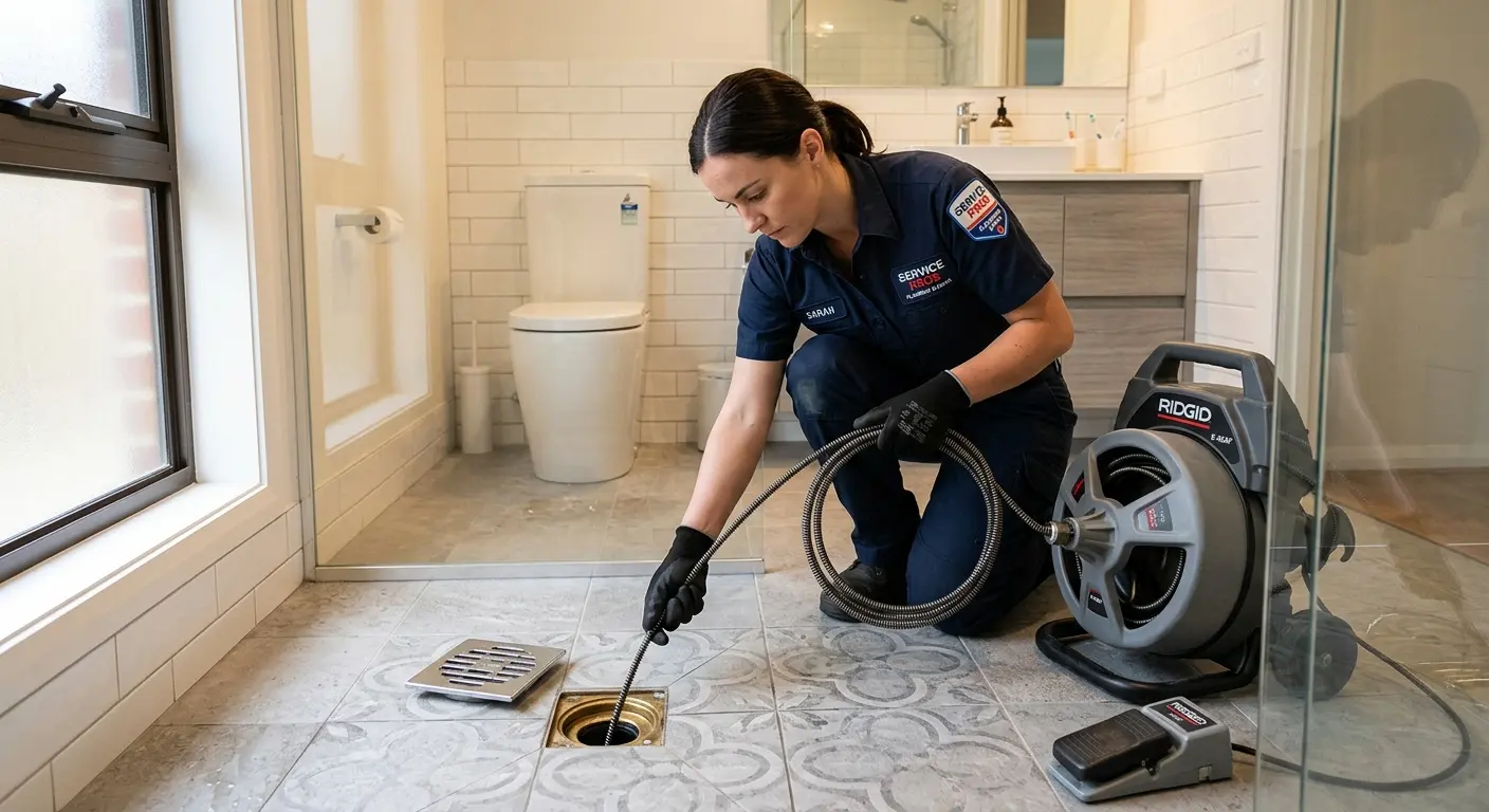 Technician clearing a bathroom floor drain for Sewer Line Replacement in Kayenta